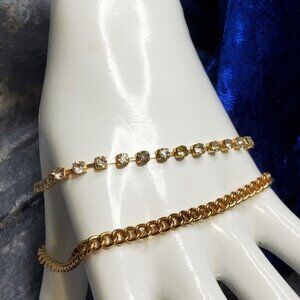 vintage gold tone clear rhinestone and chain double strand bracelet